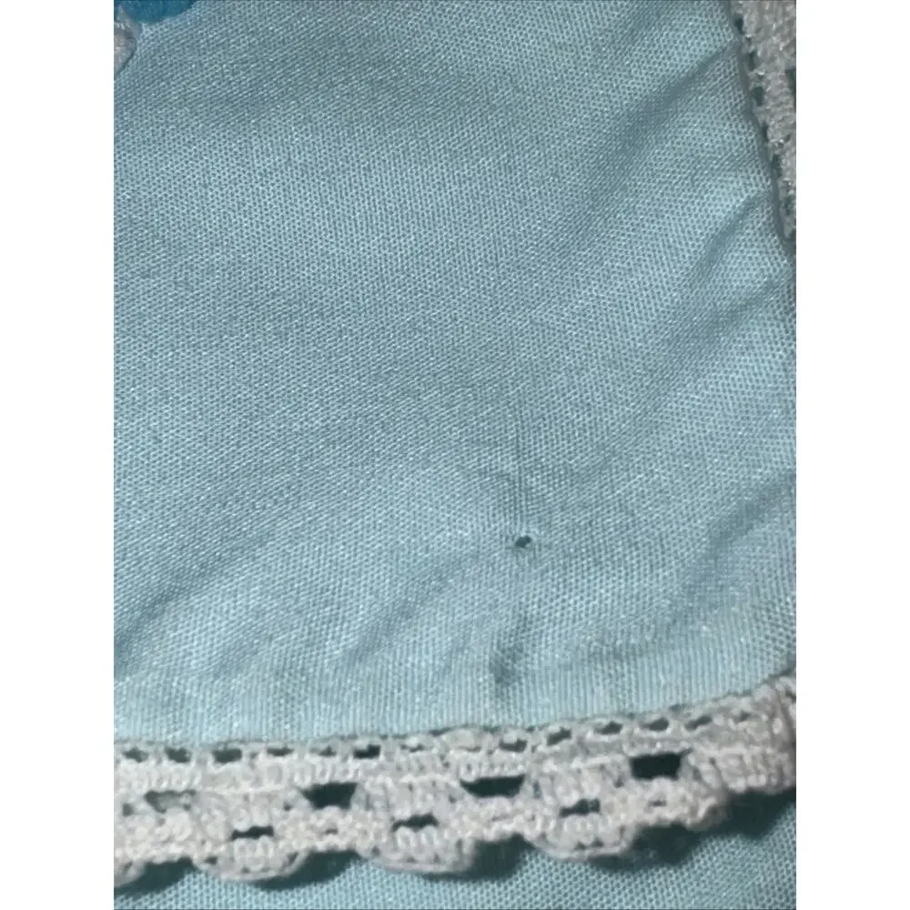 Vtg 60s 70s Baby Blanket Blue Embroidered Bunny Crochet Lace Cottagecore 43x39”